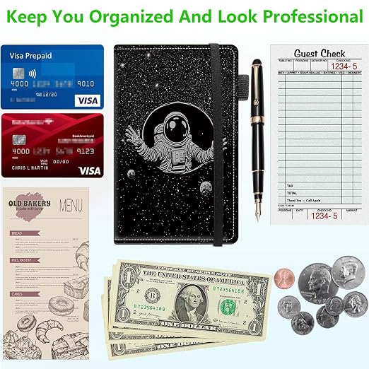 Server Books for Waitress, 5x9 Inch Waitstaff Server Order Pads, 11 Large Pockets, Cute PU Leather Waitress Book Server Wallet with Elastic Band Fit Server Apron,Astronaut in Space - Image 5