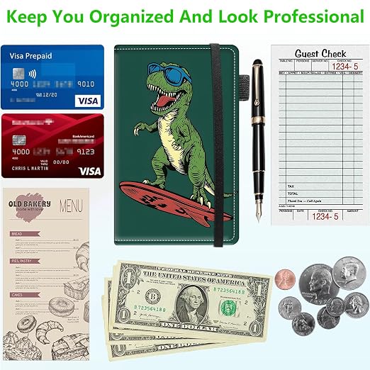 Server Books for Waitress, 5x9 Inch Waitstaff Server Order Pads, 11 Large Pockets, Cute PU Leather Waitress Book Server Wallet with Elastic Band Fit Server Apron,Surfing Dinosaur - Image 5