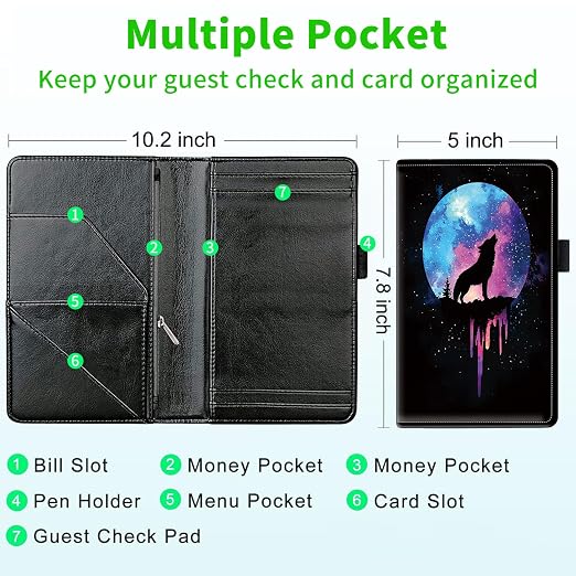 Server Books for Waitress, with 7 Large Pockets, Waiter Serving Book, Waitstaff Server Order Pads, Cute PU Leather Server Book with Pen Holder Fit Server Apron,Wolf Howling at Moon - Image 3