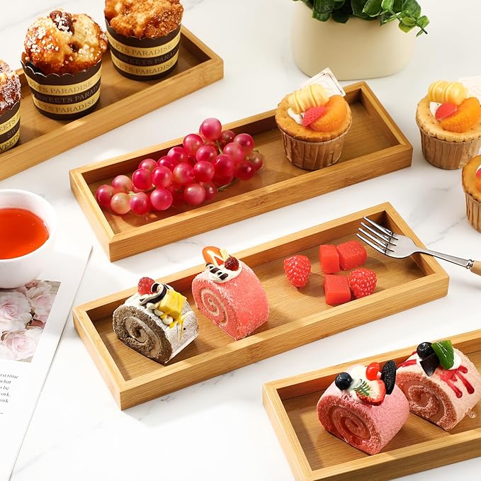 Bokon 10 Pcs Rectangle Wood Bamboo Tray Bamboo Serving Tray Wooden Serving Platter for Bathroom Counter Platter for Food Dinner Kitchen(Classic Style)
