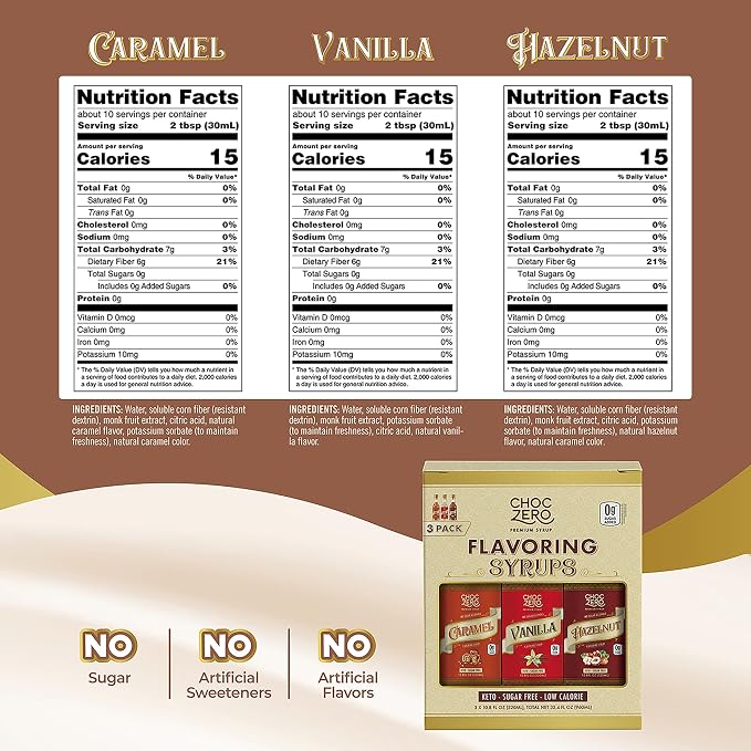 ChocZero Sugar Free Coffee Syrup Variety Pack (3 × 10.8 fl oz), Monk Fruit Sweetened, Keto Friendly, No Sugar Alcohols – Caramel, Vanilla & Hazelnut - Image 2