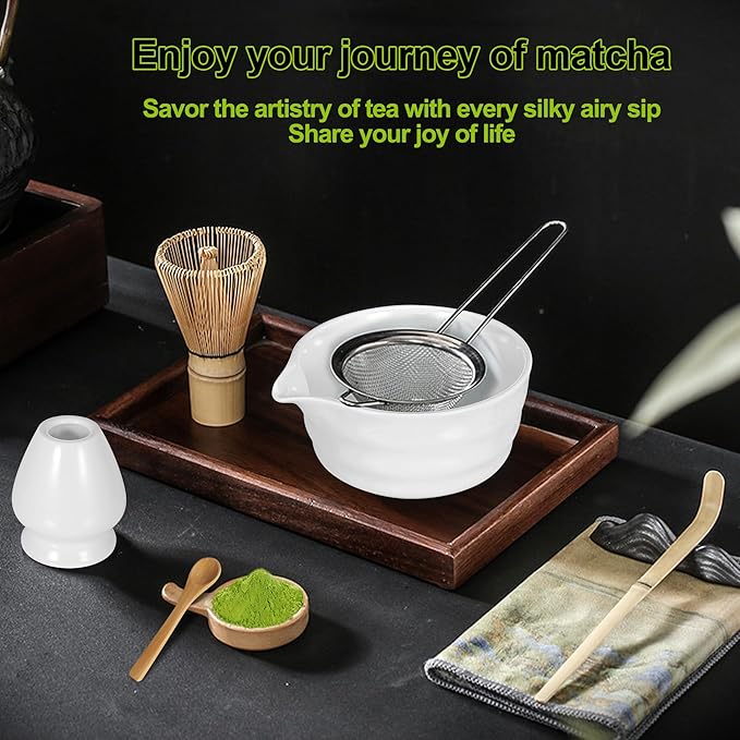 Matcha Whisk Set, Matcha Bowl with Spout, 18oz Ceramic Matcha Tea Bowl (Chawan), Bamboo Matcha Whisk & Spoon, Chasen Holder, Sifter, Japanese Ceremony Matcha Powder Kit, Gift for Women
