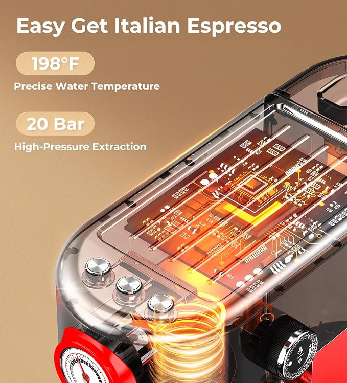 20 Bar Espresso Machine with Milk Frother, Compact Espresso Maker, Stainless Steel Coffee Machine with Precise Temp Control & 44oz Removable Water Tank for Latte, Cappuccino, Red