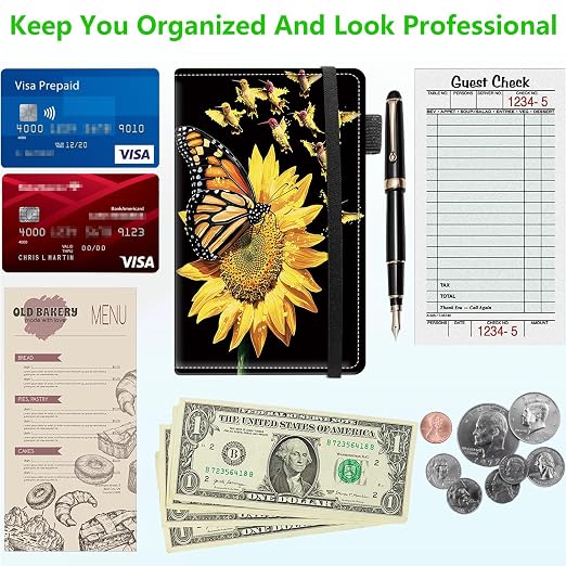 Server Books for Waitress, 5x9 Inch Waitstaff Server Order Pads, 11 Large Pockets, Cute PU Leather Waitress Book Server Wallet with Elastic Band Fit Server Apron,Butterfly & Birds - Image 5