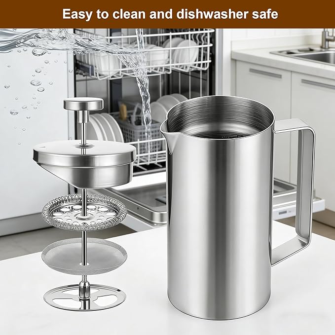 small French Press Coffee Maker 600ml, Double-Wall Insulated French Press Coffee Press Stainless Steel for travel camping, Silicone handle (2-4cup, 20 OZ) silver