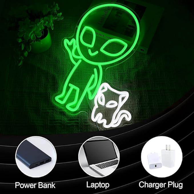 Alien Cat Neon Sign Dimmable Weird Alien Neon Light Wall Decor 5V USB Powered Cute Cat LED Light Sign for Bedroom Living Room Game Room Man Cave Bar Party Cafe Boys Girls Gift(16.5 * 12.6In) - Image 3