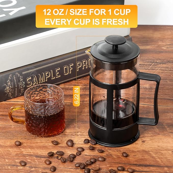 Mini French Press Coffee Maker, Heat Resistant Thickened Borosilicate Classic Glass Stainless Steel Coffee Press, 12OZ Heat Cold Brew Coffee Pot Tea Press for Kitchen Travel Camping，Black