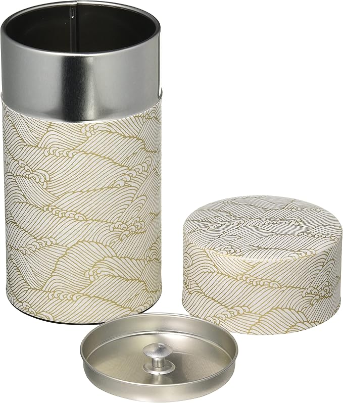 Yamako Pokkan a Japanese Tea Tin Canister, Air Tight, Double Lid, 200g Tea Capacity (Wave - Japanese Traditional Wave Pattern, L - 200g)