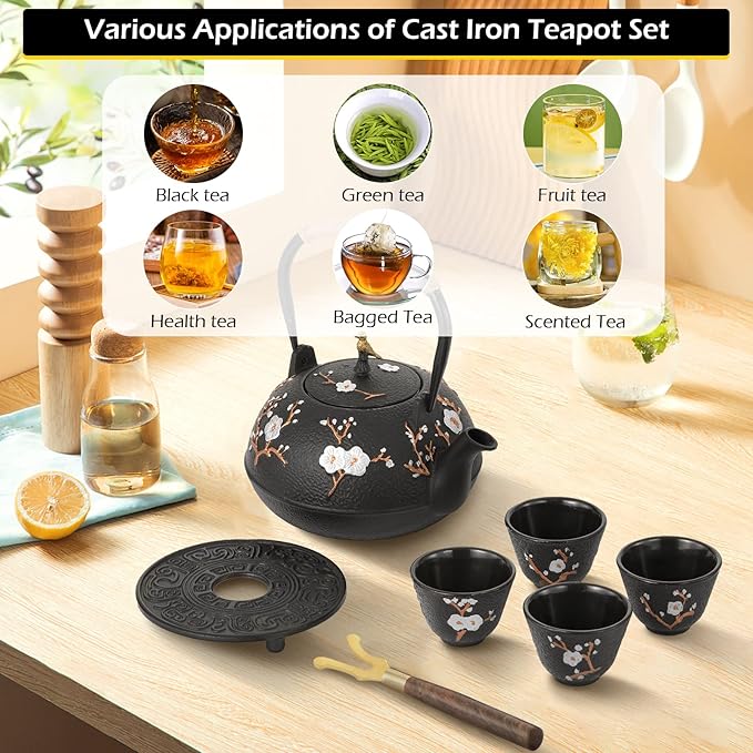 Dyna-Living Cast Iron Teapot 1200ml/40.6oz Japanese Tea Set with 4 Tea Cups Japanese Cast Iron Teapot with Infuser Japanese Tea Kettle Stovetop Gift for Tea Lover
