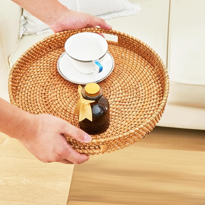 Round Rattan Tray, 2 Pack Handwoven Wicker Serving Trays with Handles for Storage and Display (13.78"x1.97";11.81"x1.97")