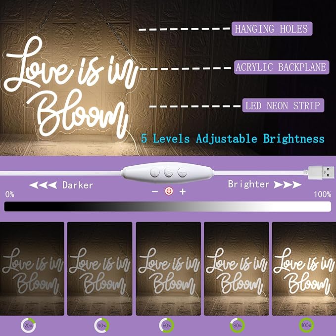 Love Is In Bloom Neon Sign Warm White Led Neon Signs for Wall Decor Dimmable Led Lights Signs Wedding Neon Light Sign for Engagement Birthday Valentines Decorations Gift