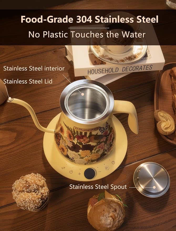 Olumaramio 0.8L/27oz Gooseneck Electric Kettle - ±1℉ Precise Temperature Control for Pour Over Coffee & Tea, 1200W Fast Heating, Auto Shut-Off, Built-in Brew Timer, BPA-Free Stainless Steel, Floral