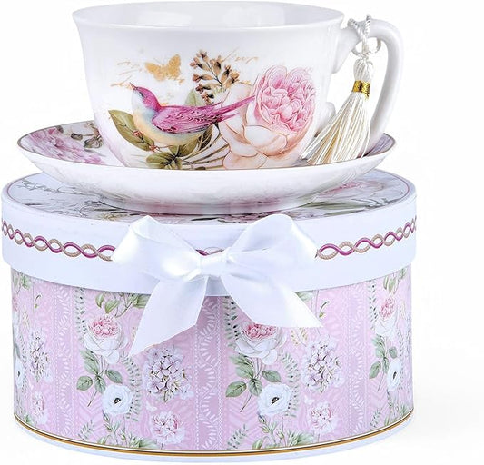 STP GOODS Bone China Tea/Coffee Cup and Saucer in Gift Box Fine Set of One (Birds in Rose Garden)