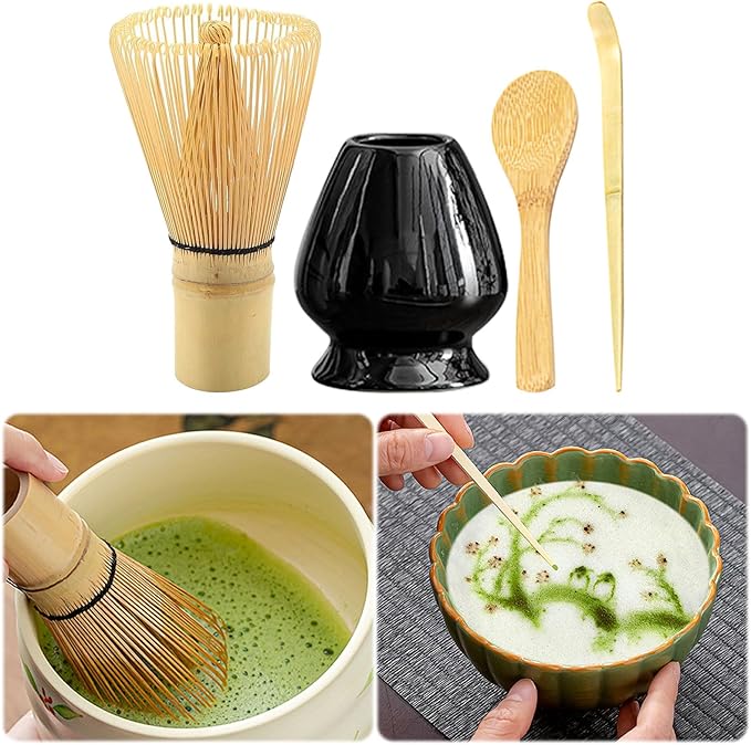 Traditional Japanese Matcha Tea Whisk Set, 4 Piece Bamboo Ceremonial Kit with Ceramic Holder (Black)