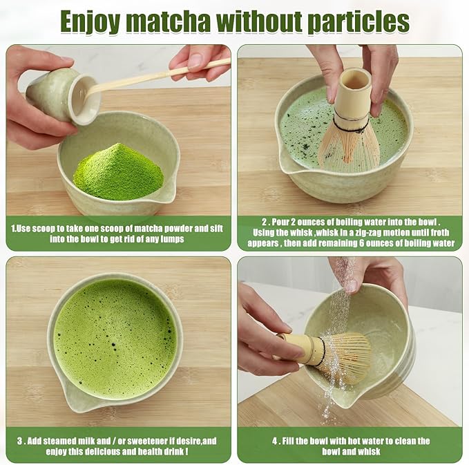 4PCS Matcha Whisk Set,Elegant Matcha Tea Set,Exquisite Matcha Kit with Ceramic Matcha Bowl,Matcha Whisk Holder,Bamboo Matcha Whisk and Bamboo Scoop Bamboo Tea Steeper Matcha Tools (Matcha Green)