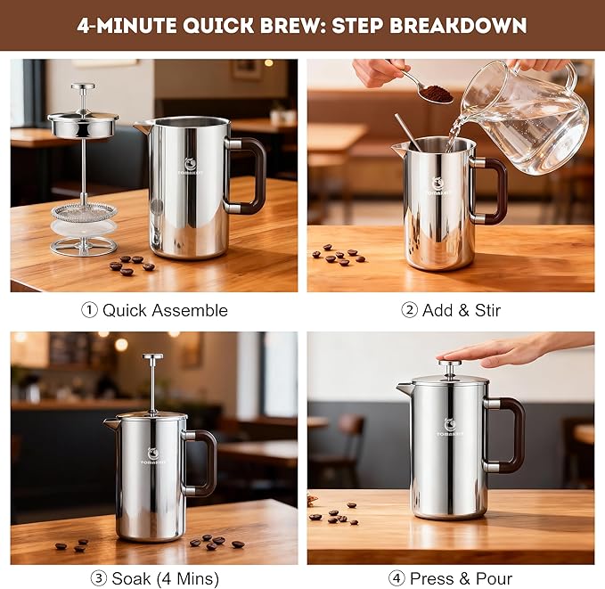 1L/34 Oz French Press Coffee Maker,304 Stainless Steel Coffee Press,Durable & Easy Clean,Leak-Proof Design,Prensa Francesa Para Cafe for Home,Office,Camping (Silver-Upgrade)
