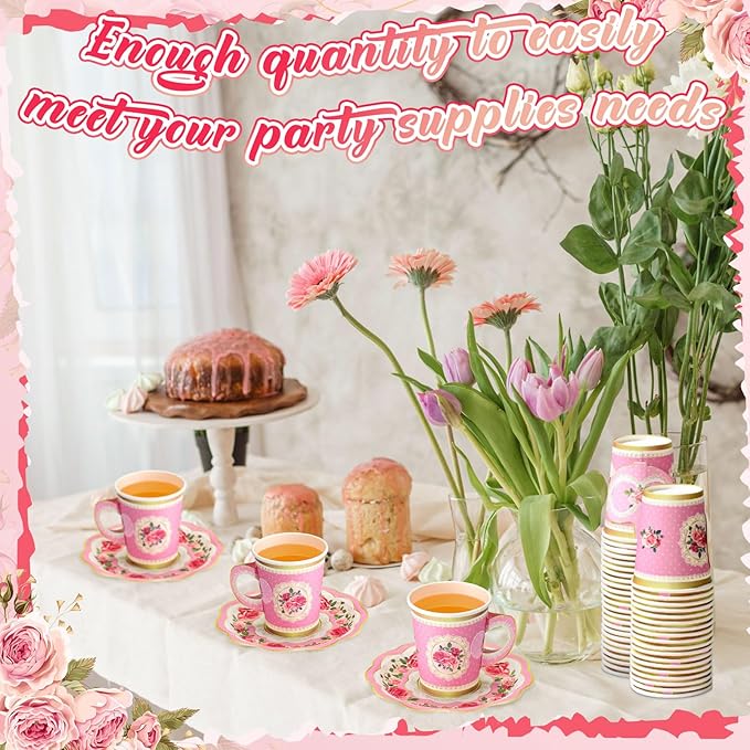 Domensi 60 Pieces Tea Party Decorations Include 30 Pcs 9 oz Paper Cups with Handle and 30 Pcs Tea Party Paper Plates Disposable Blossom Teacups and Saucers for wedding Favors(Classic)