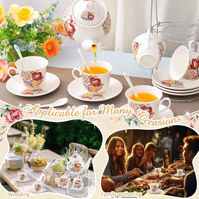 Zhehao 20 Pcs Porcelain Tea Set with Metal Holder and Spoon Adult Ceramic Tea Set European Flower Painting Teapot Cup Saucer Spoon for Women, Large Version (Floral Style)