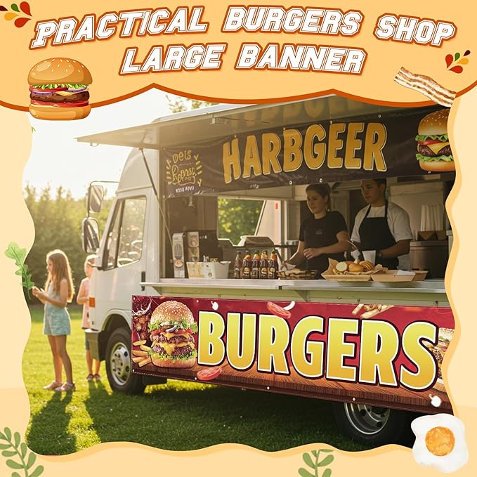 Tegeme Burgers Banners 2 x 10 Ft/ 24 x 120 Inch Large Oxford Fabric Polyester Hamburger Banner Sign with 10 Grommets for Easy Hang Indoor Outdoor