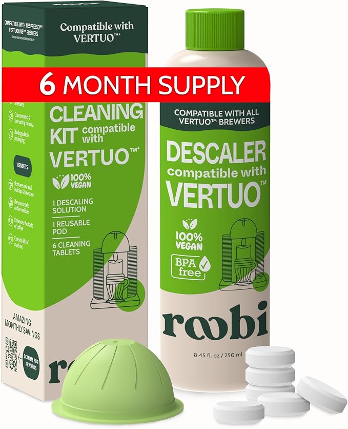 Roobi Nespresso Compatible Vertuo Cleaning & Descaling Kit. Includes 1 Bottle of Descaling Solution, 6 Cleaning Tablets and 1 Reusable Pod. Carbon Neutral Vertuoline Maintenance Kit. 6 Month Supply. by Roobi