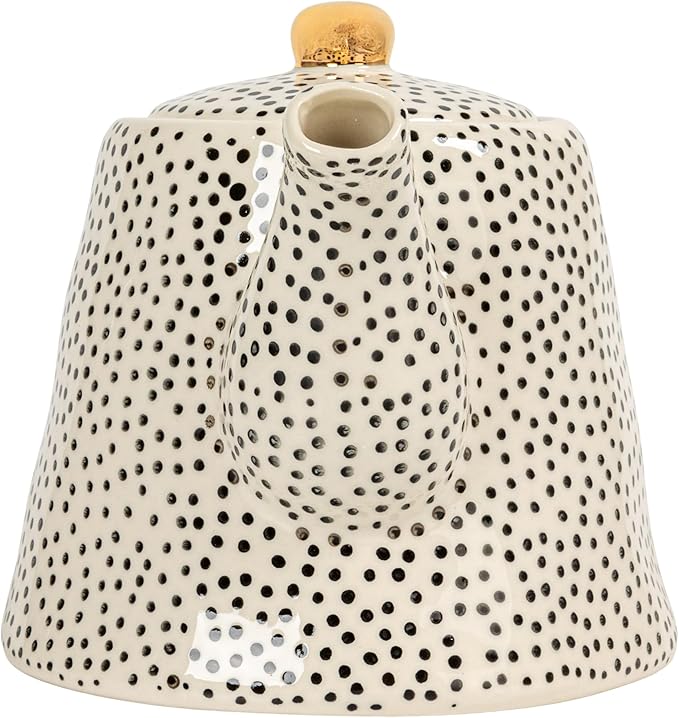White Stoneware Teapot with Black Speckles & Gold Electroplating