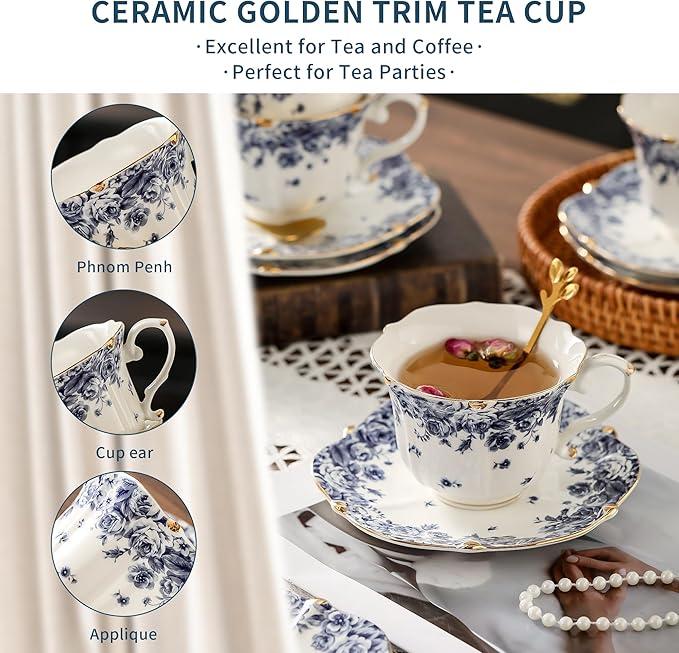Country Roses Porcelain Tea Cup and Saucer Set with Gold Trim, Vintage Style, For Women and Tea Parties (1, Sky Blue)