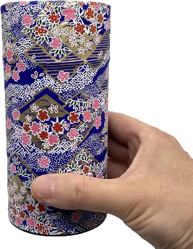 Japanese Tea Canister Tin Sakura Blizzard on a Rhombus Pattern Blue/Double Lid/Japanese YUZEN Washi Paper Pasted /200g Tea Capacity/Loose Leaf Tea Storage/Storage Container with Lid