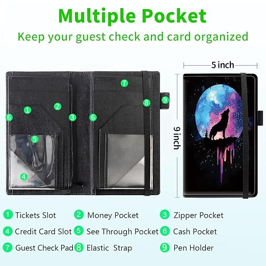 Server Books for Waitress, 5x9 Inch Waitstaff Server Order Pads, 11 Large Pockets, Cute PU Leather Waitress Book Server Wallet with Elastic Band Fit Server Apron,Wolf Howling at Moon - Image 3