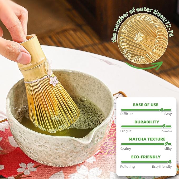 8-Piece Matcha Ceremony Set - Tea Kit with Cherry Blossom Bowl, Bamboo Whisk, Wood Scoops, Tea Cloth & Floral Display - Gift-Ready Pink Cherry color box (Matcha color)