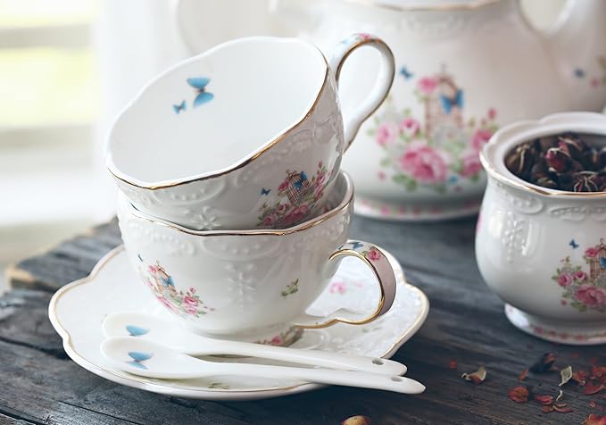 Jusalpha® Vintage Porcelain Flower Series Tea Sets, Tea Cup Saucer Set with Teapot Warmer- Filter and Spoon, 16pcs in 1 set (16pcs set)