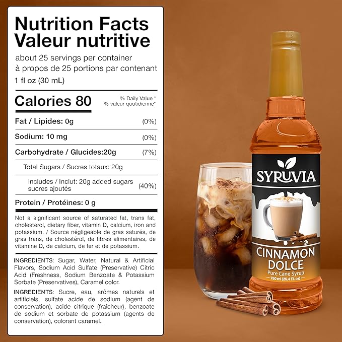 Syruvia Coffee Syrup, Cinnamon Dolce Flavored Syrup for Drinks, Lattes, and Desserts – 25.4 fl oz, With Pump