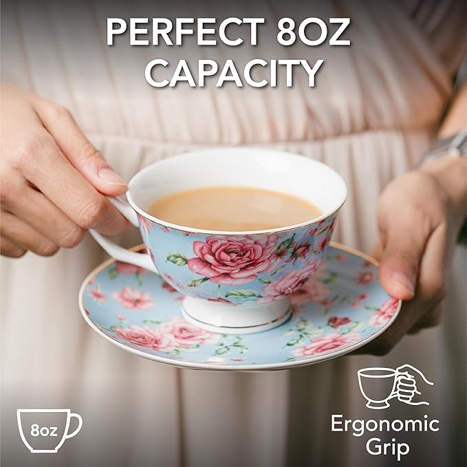 BTaT- Floral Tea Cups and Saucers, Set of 4, 8 oz, Fine Porcelain Teacup Set with Gold Trim for Afternoon Tea, Weddings, Parties & Gifting, Dishwasher Safe and Freezer Safe