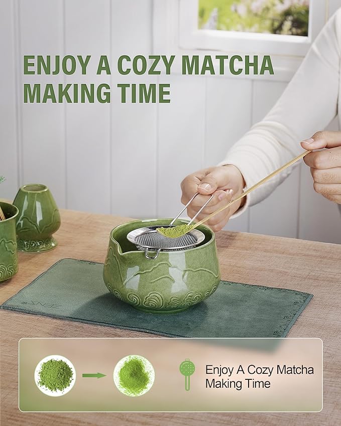 ZENS Matcha Whisk Set, 6Pcs Matcha Kit Set Includes Ceramic Bowl, Bamboo Whisk and Chasen Holder,Scoop, 304 Stainless Sifter & Tea Mat, Matcha Set for Tea Ceremony, Blue