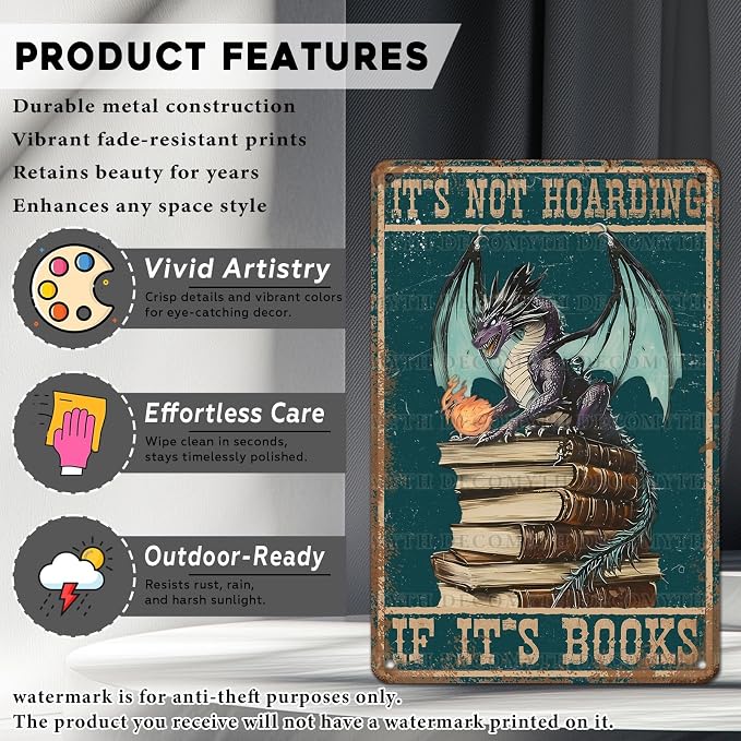 Metal Dragon Tin Sign It's Not Hoarding If It's Books Vintage Sign for Home Cafe Bedroom Library Bookshelf Wall Decor 12 * 8inch - Image 2