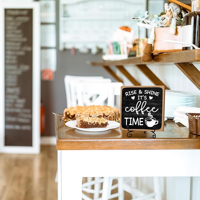 Farmhouse Coffee Bar Sign, Rise & Shine It's Coffee Time, 5"x5" Wood Plaque with Stand Gift for Home Kitchen Tabletop Decor -B09