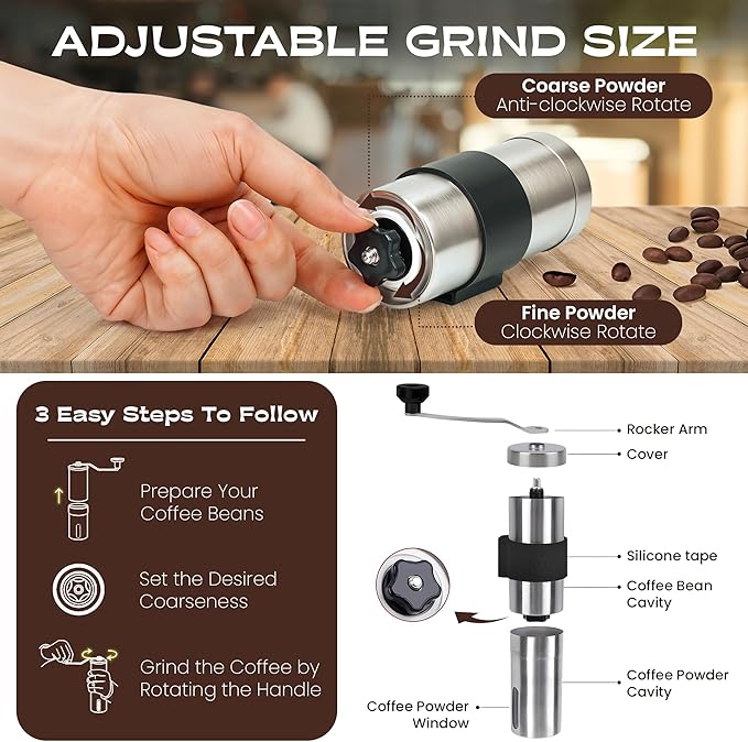 Manual Coffee Grinder - 18 Adjustable Settings, Stainless Steel Conical Burr Coffee Bean Grinder, Portable, Durable & Travel Friendly - With Silicone Sleeve by KOKOBEAN