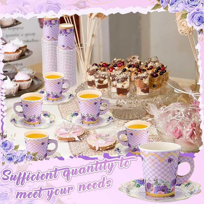 Tioncy 100 Pcs Tea Party Decorations Include 50 Pieces 9 oz Paper Tea Cups with Handle and 50 Plates Disposable Teacups and Saucers Sets for Birthday(Flower)