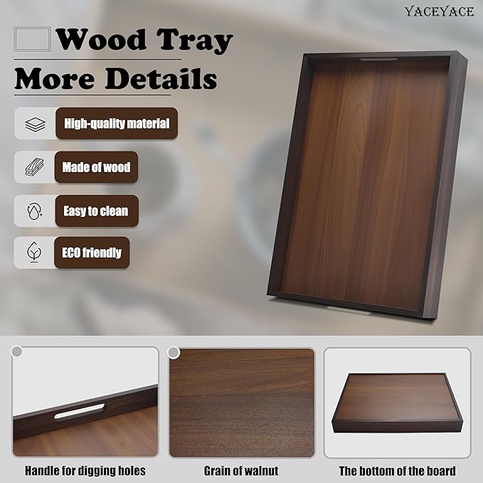 Wood Serving Tray, 13"x8.7"x1.5" Small Food Tray for Party, Dining, Home Decor, Bed, Bathroom, Living Room, Drink, Coffee Table