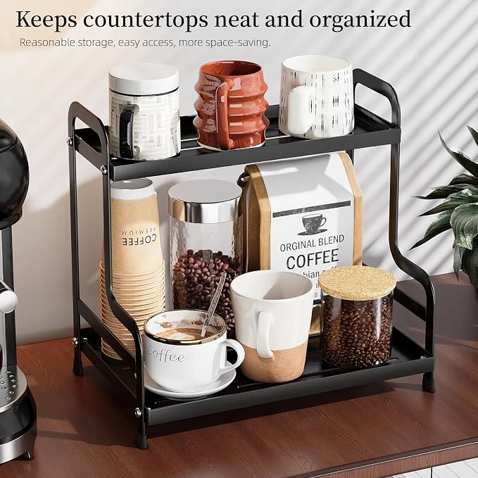 Bokelai 2 Tier Coffee Bar Organizer and Accessories Storage Countertop Shelf for Kitchen Coffee Station Organizer Mug Holder Coffee Condiment Storage Rack Black - Image 2