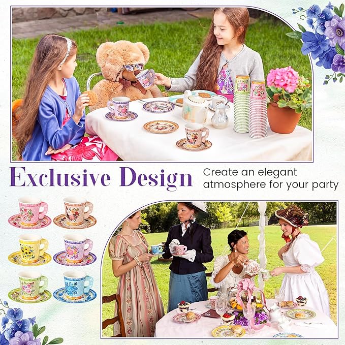 Nuogo 300Pcs Floral Paper Tea Cups and Saucers 7 OZ Disposable Tea Cup with Handle and Plates for Party Supplies Wedding Birthday Baby Shower Bridal Mother's Day, Serve 150 Guest(Elegant Color)