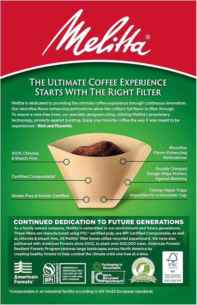 Melitta #4 Cone Coffee Filters, Natural Brown, 100 Count Filters - Fits all 8-12 Cup Cone Coffee Makers and Pour-Overs, Compostable, Tear-Resistant