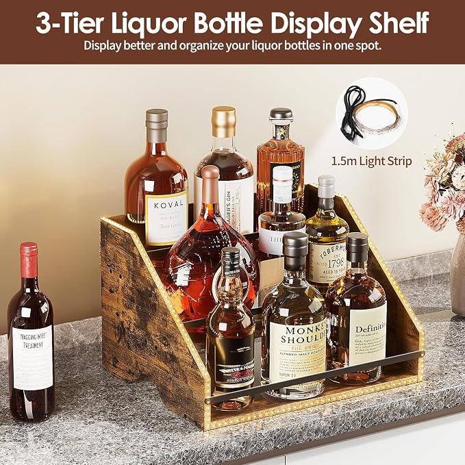 Nuovoware LED Lighted Liquor Bottle Display Shelf, 3 Step Wood Countertop Liquor Rack with Fences & Portable Handles, 12-Bottle Whiskey Rack Liquor Display Retro Wine Rack for Home Bar Party, Brown - Image 2