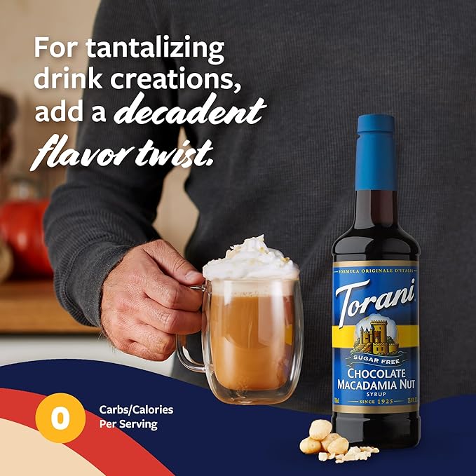 Torani Sugar Free Coffee Syrup, Chocolate Macadamia Nut Flavored Syrup for Drinks, Zero Calorie, Pump Included, 25.4 Fl Oz