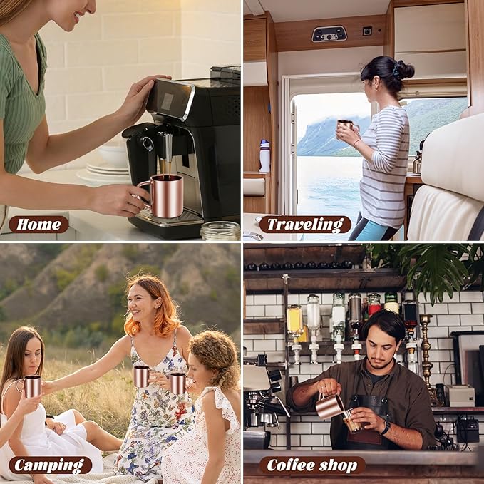 Cunhill 4 Set Small Stainless Steel Coffee Mug 7.5oz/220ml Double Walled Cups Camping Mug with Handle Metal Dishwasher Safe Tea Cups for Home Travel Camping Outdoors Rv Keep Drinks Hot (Rose Gold)