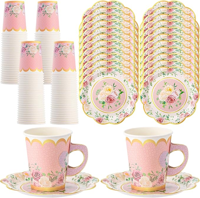 Tioncy 100 Pcs Tea Party Decorations Include 50 Pieces 9 oz Paper Tea Cups with Handle and 50 Plates Disposable Teacups and Saucers Sets for Birthday(Blossom)