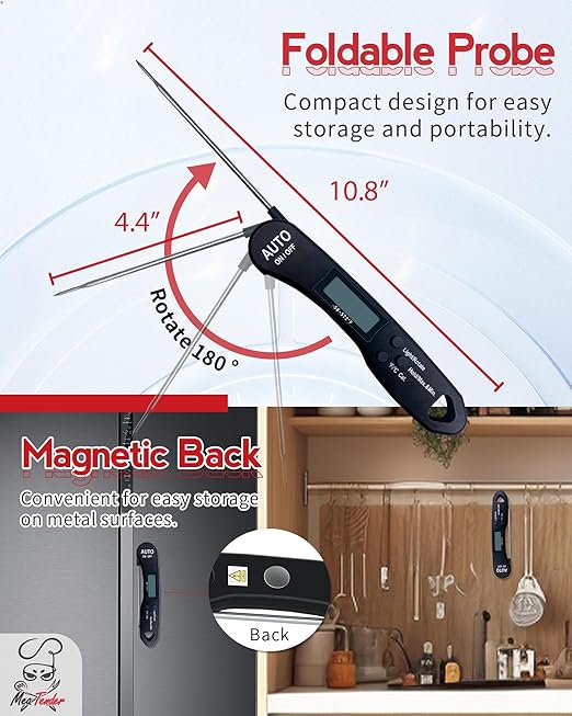 5 PCs Instant Read Meat Thermometer, 1.2s Fast Read, ±1°F Accuracy, -58°F to 572°F, 4.4" Foldable Probe, 0 °C Calibration, Min/Max (Session), Auto-Rotating Backlit Display, °F/°C, Magnetic Back
