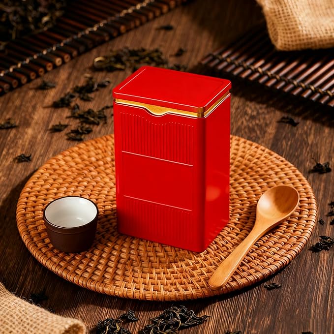 HAN SHENG Square Airtight Tea Tins - Red, Food Storage Containers for Loose Tea, Coffee, Spices (5.9"x3.4"x2.8")