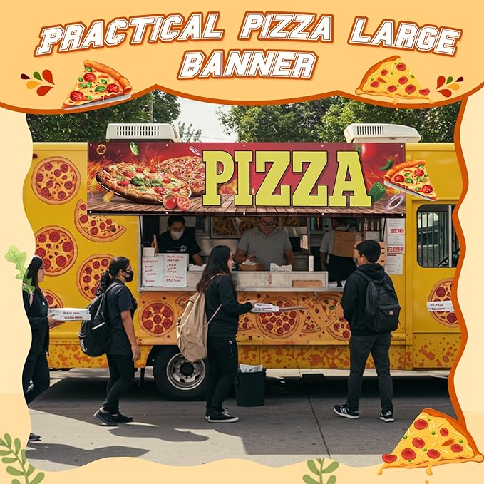 Tegeme Pizza Banner Sign for Shop Truck Decor 2x10 ft/ 24x120 Inch Pizza Party Decorations Pizza Birthday Party Supplies with 10 Grommets for Easy Hang Indoor Outdoor