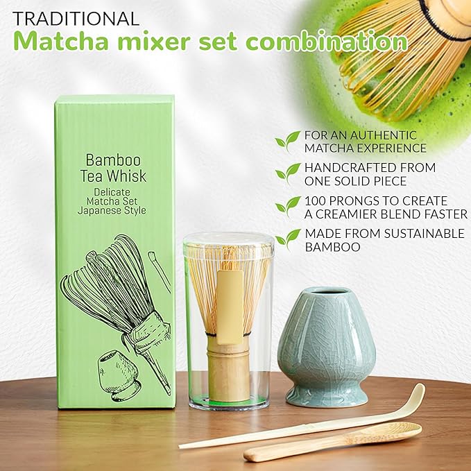 Traditional Japanese Matcha Tea Whisk Set, 4 Piece Bamboo Ceremonial Kit with Ceramic Holder (Geyao Blue)