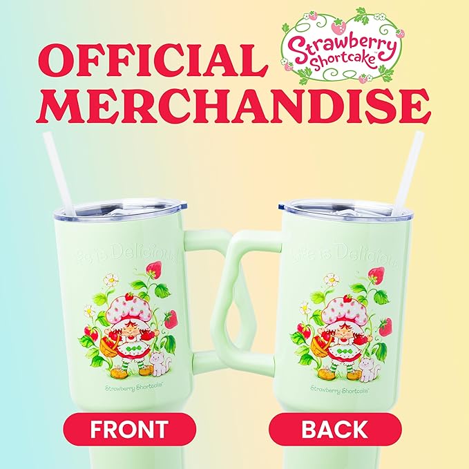 Silver Buffalo Strawberry Shortcake and Custard “Life is Delicious!” Double Walled Stainless Steel Tumbler with Handle, Fits in Standard Cup Holder, 40 Ounces